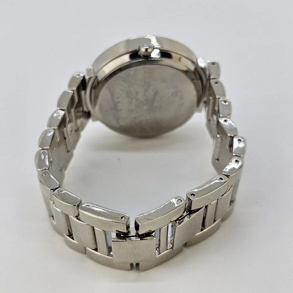Women Watch 38MM Burgundy Dial Charms on Dial Gray Metal Bands 6.5